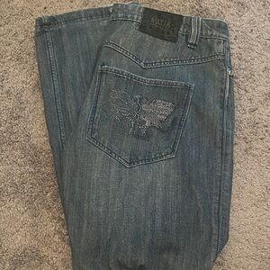 Antik Denim Men's Dark Blue Straight Jeans with Rhinestone Pocket Wing